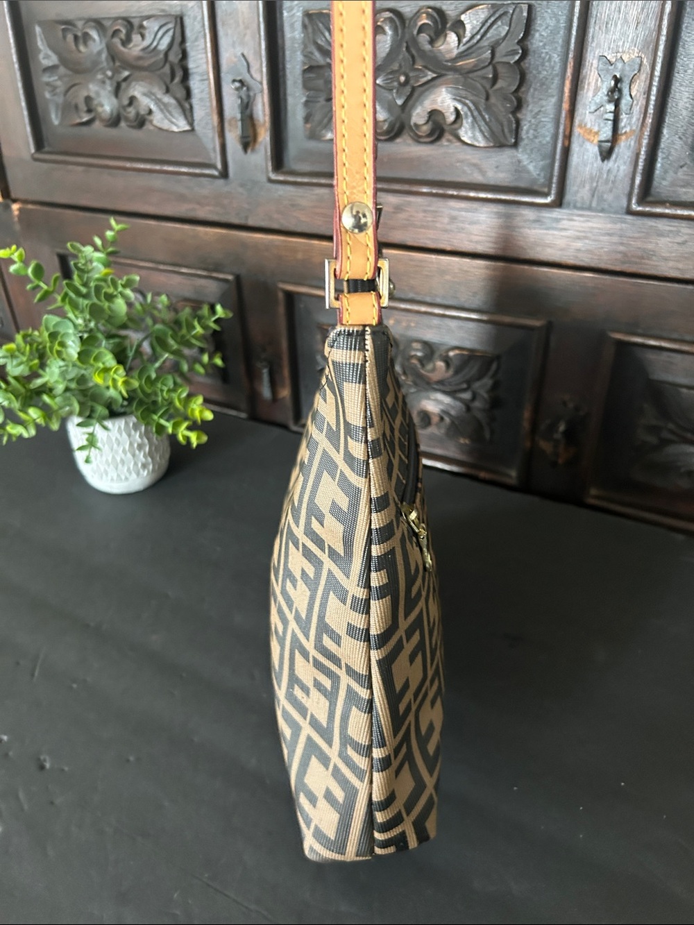 Brown Patterned Shoulder Bag with Leather Strap - Picture 2 of 7